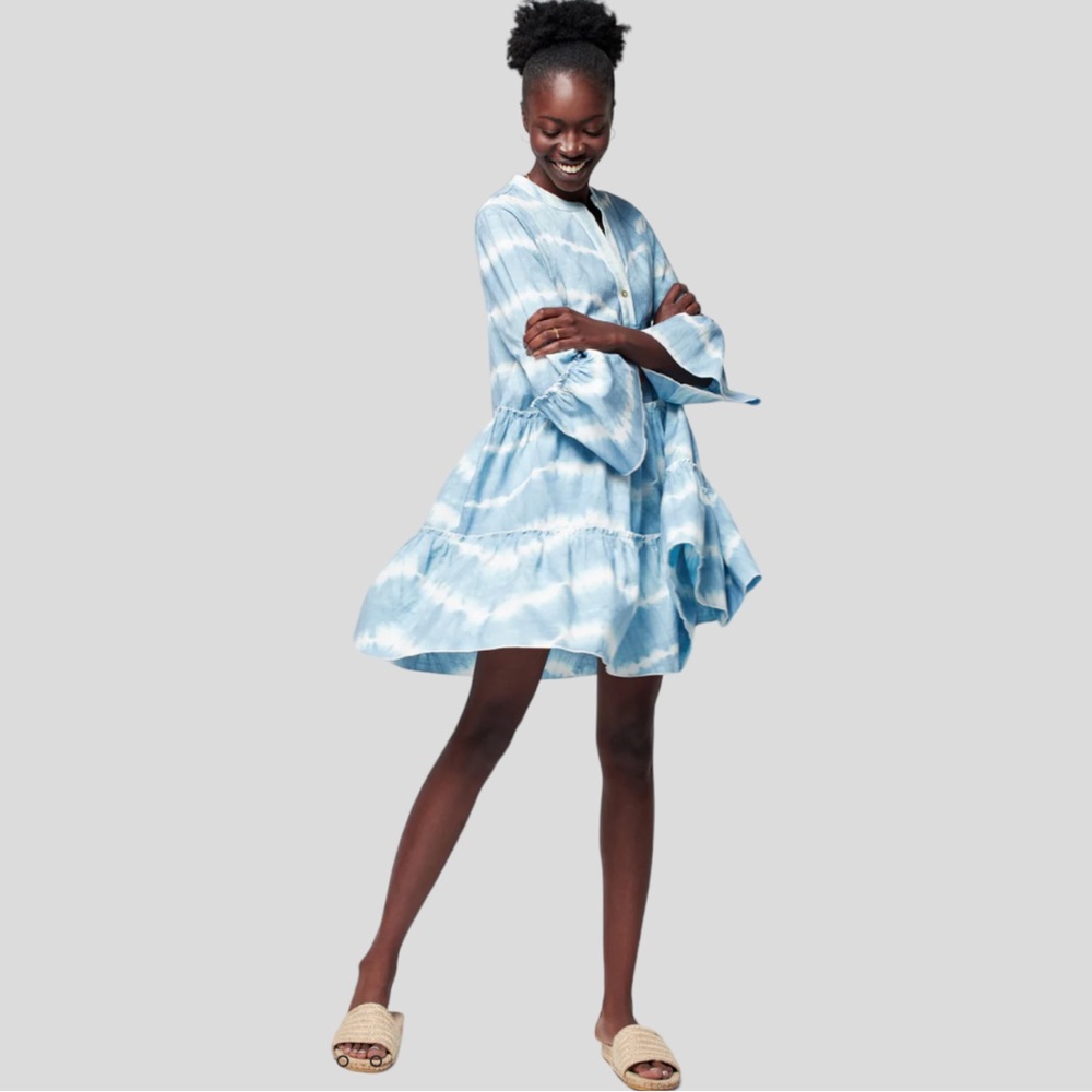 FAHERTY Vida Organic Cotton Tiered Ruffle Dress in Faded Blue, Size Small